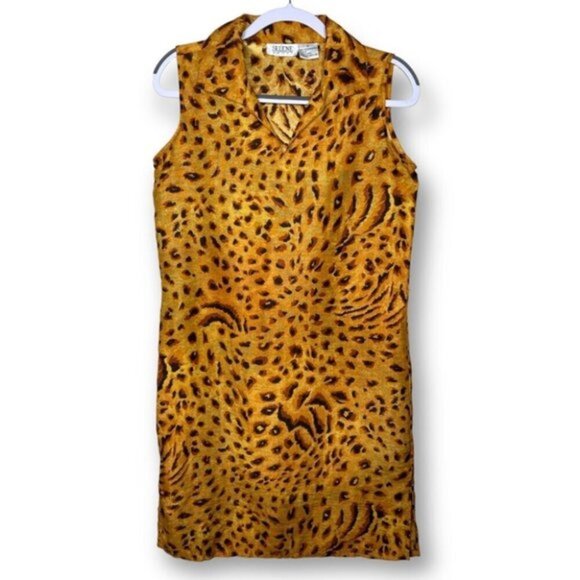 Vintage 90s Selene Sport Size M Collared Cheetah Animal Print Sleeveless Dress - Picture 1 of 9